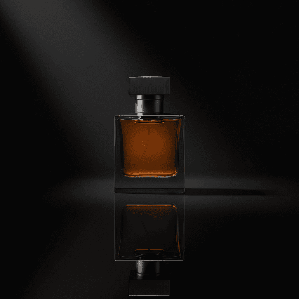 Crimson Amber perfume bottle glowing on a dark obsidian surface