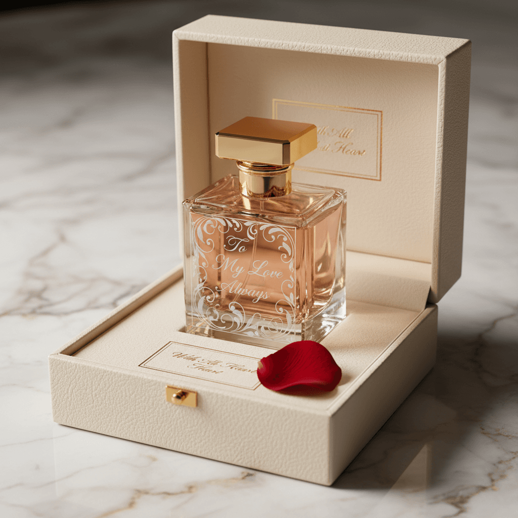 Luxury perfume bottle in gift box with engraving