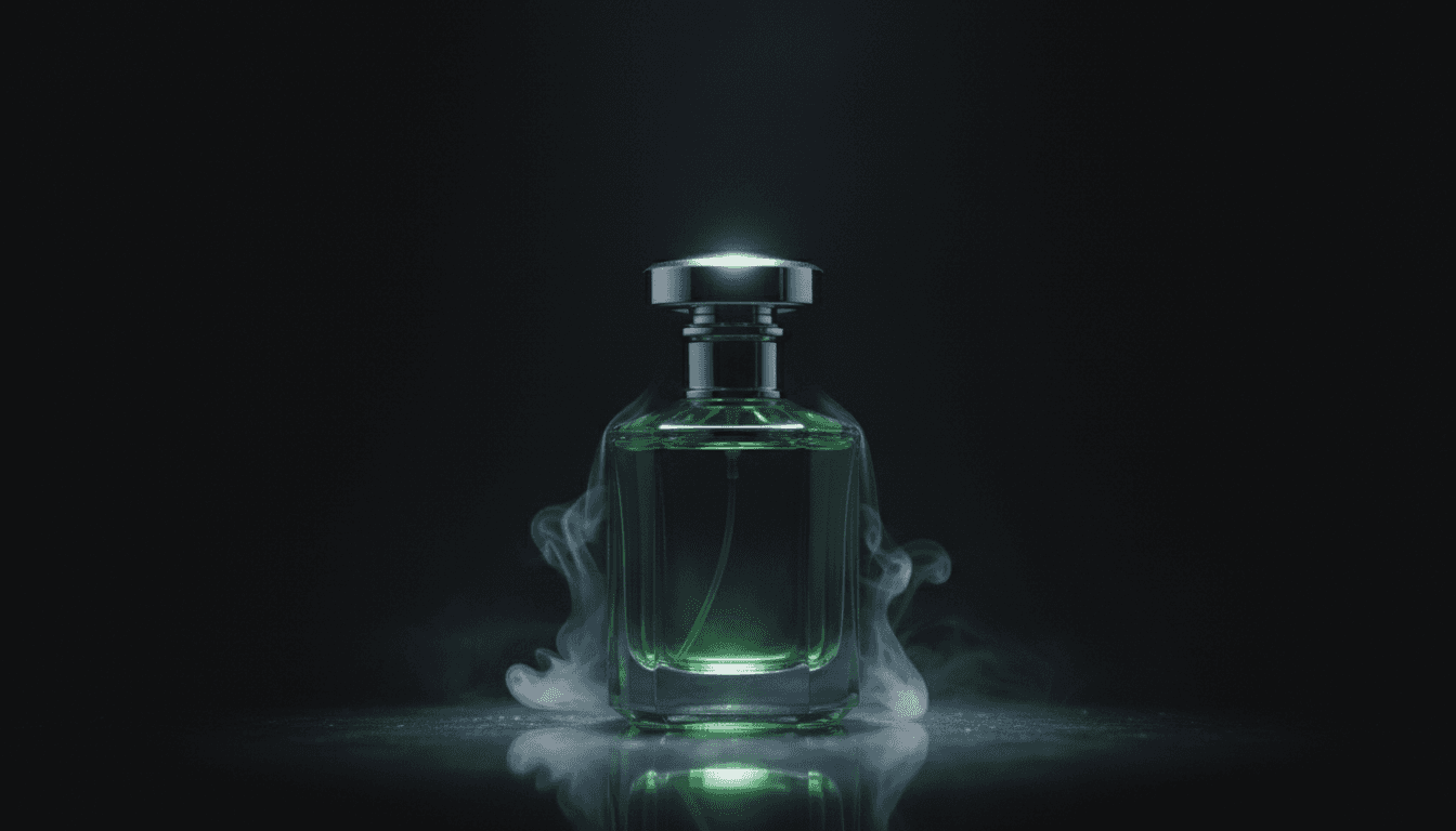 Emerald Forest perfume bottle in low light with green accents