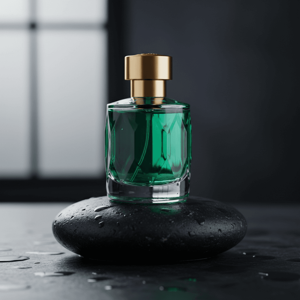 Emerald perfume bottle resting on black stone