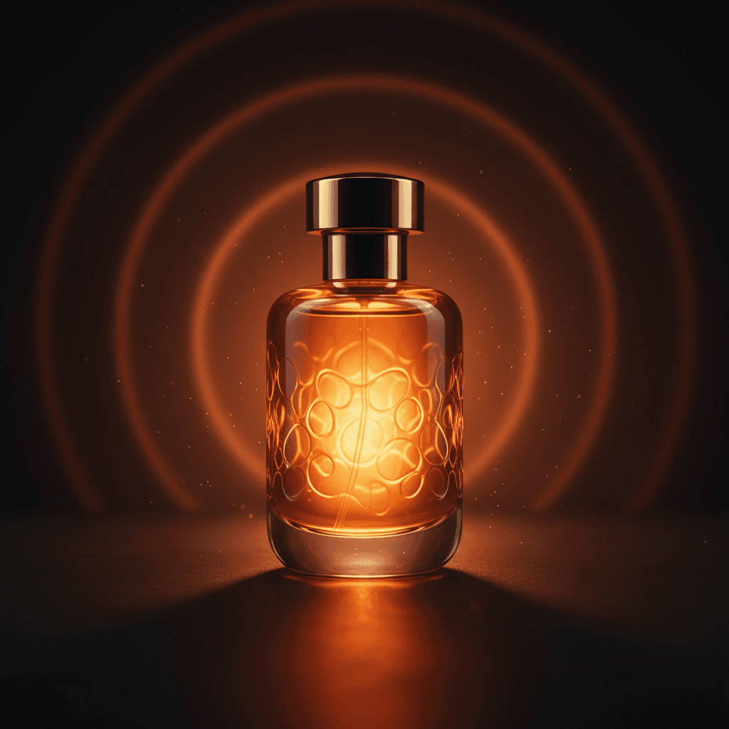 Amber perfume bottle glowing on a dark mineral surface