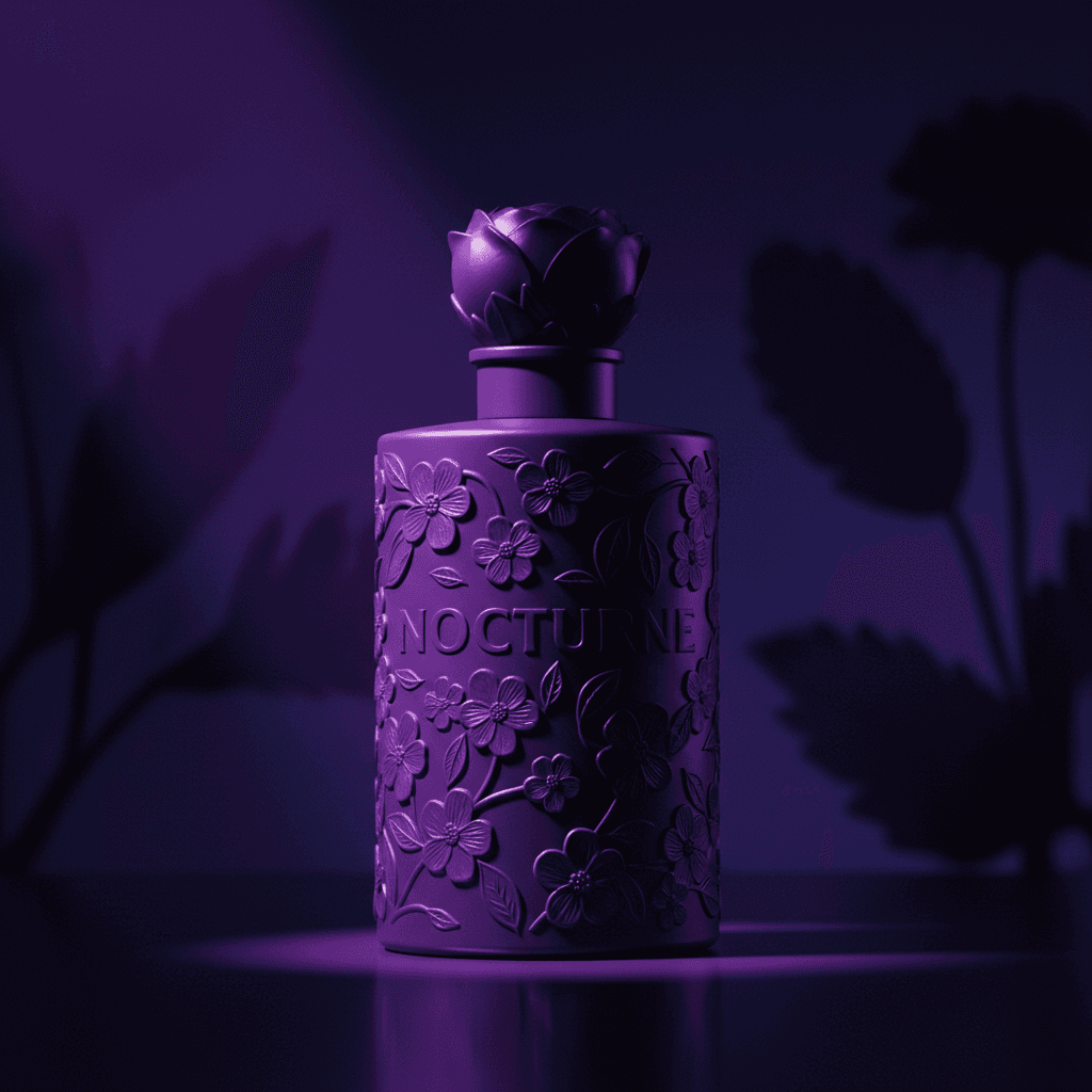 Dark floral perfume bottle with amethyst light accent