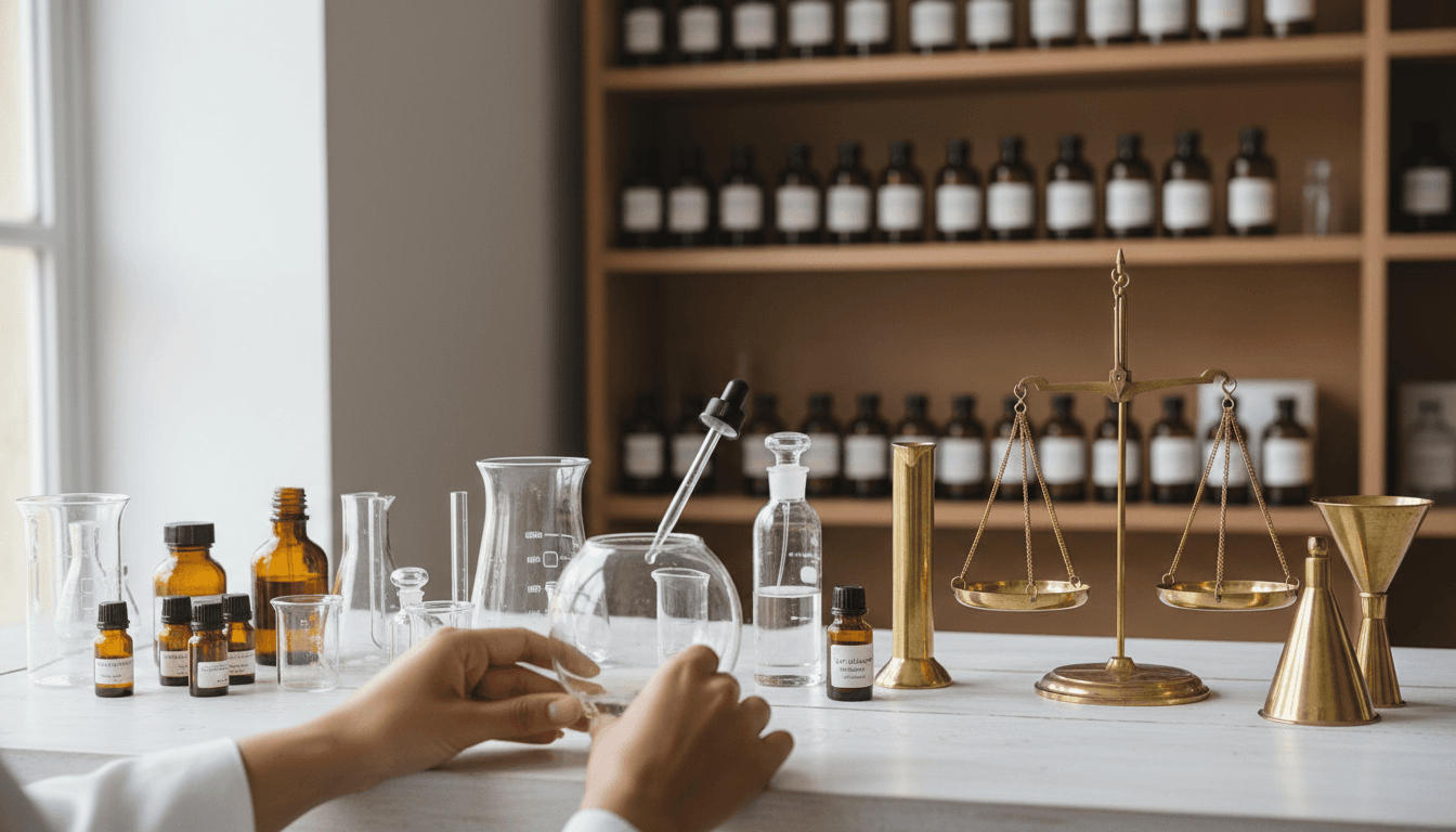 Perfume ingredients being measured in a dark, moody laboratory