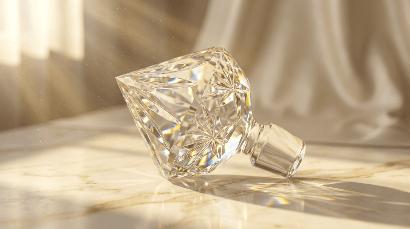 Emerald green perfume bottle with a soft glow on a dark surface
