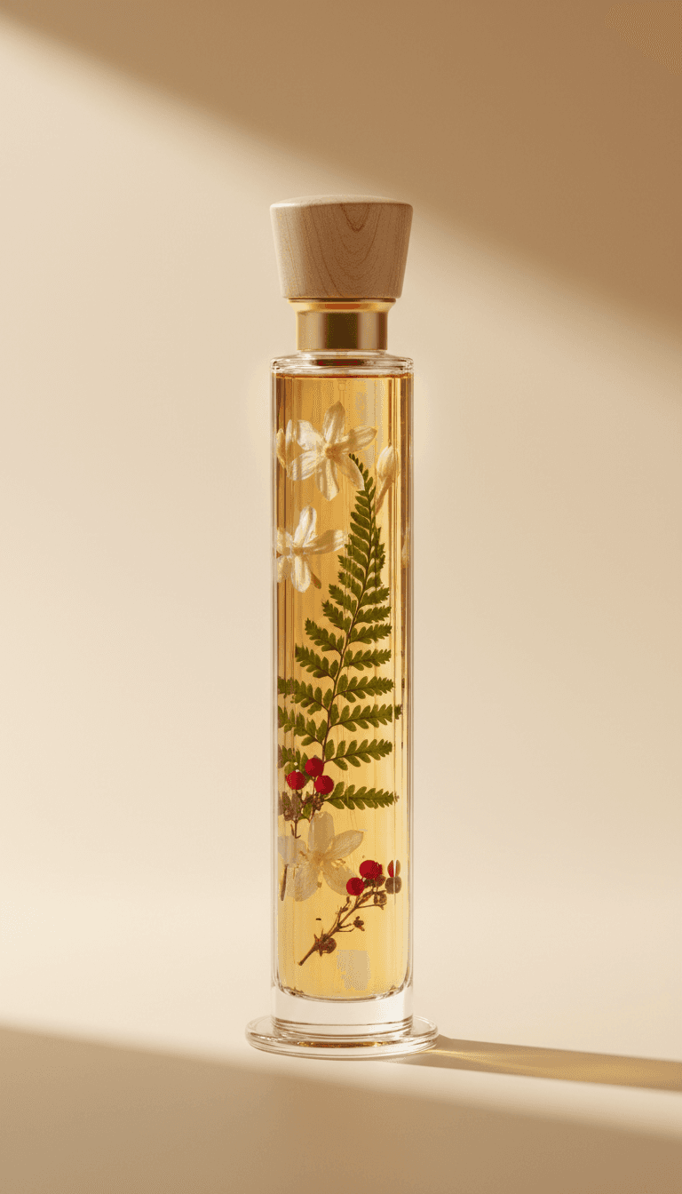 Amber perfume bottle illuminated by amethyst purple glow in dark studio