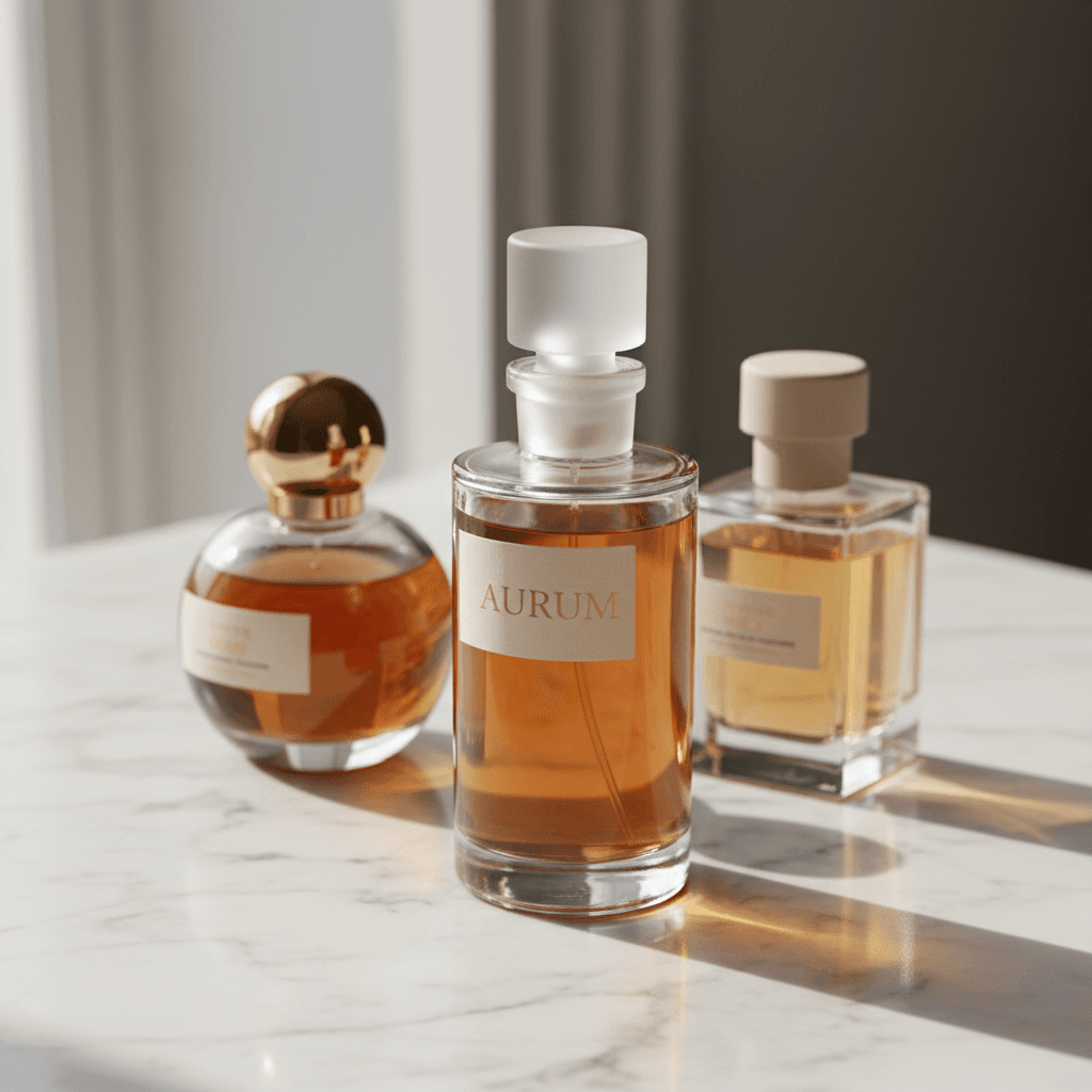 A single perfume bottle on a black pedestal in a minimal studio