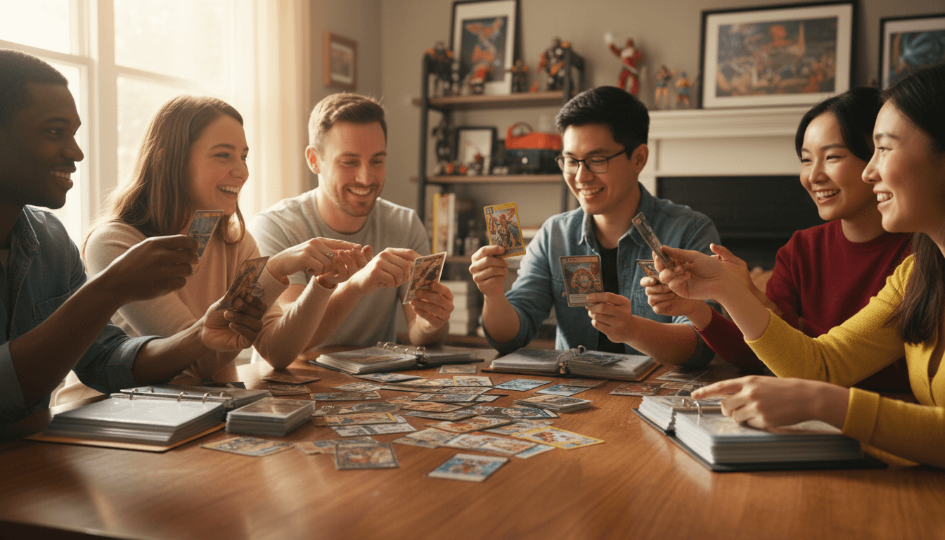 Diverse collectors examining and trading cards together at wooden table with natural window lighting