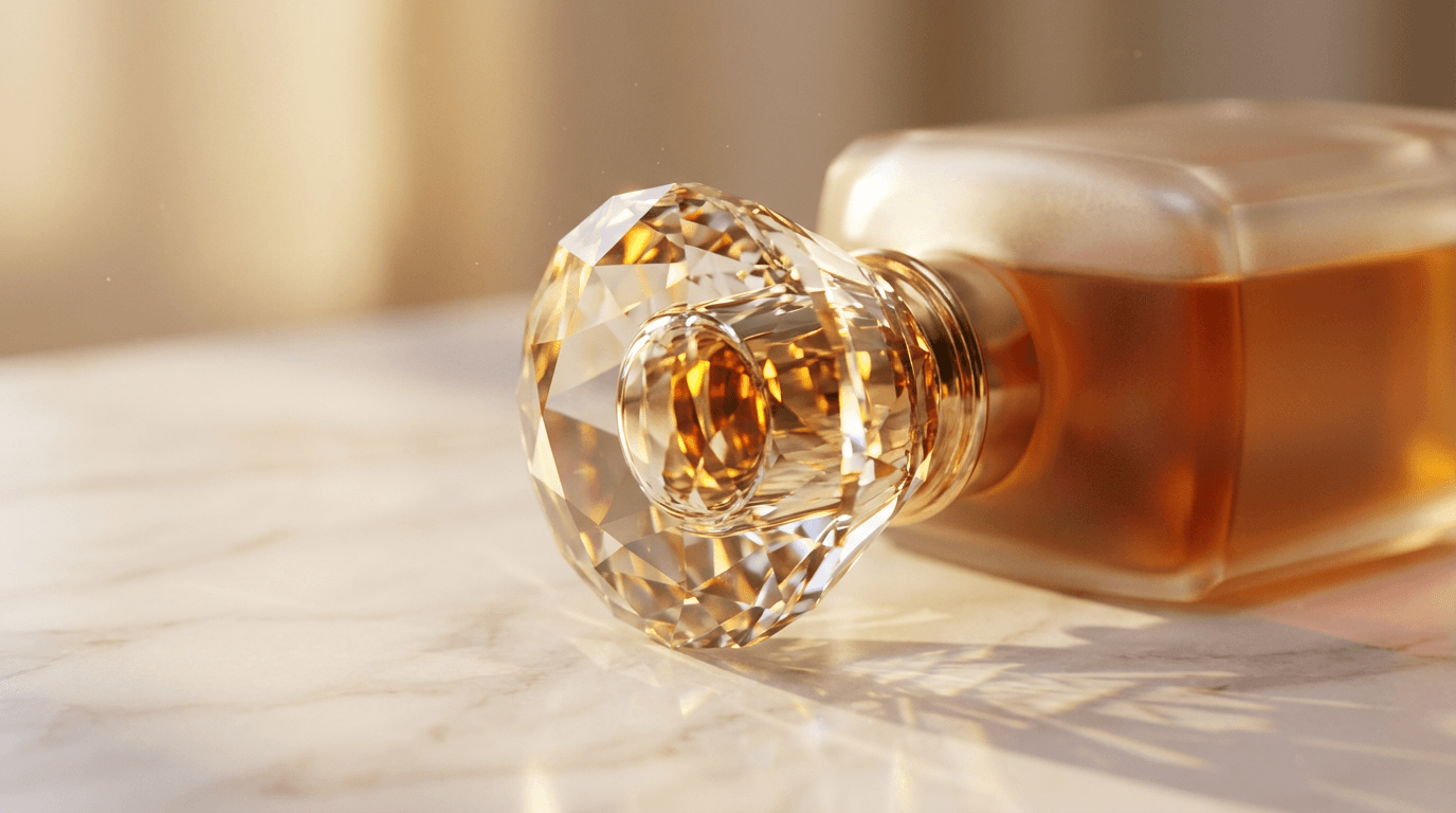Crystal perfume bottle glowing with sapphire blue light on obsidian surface