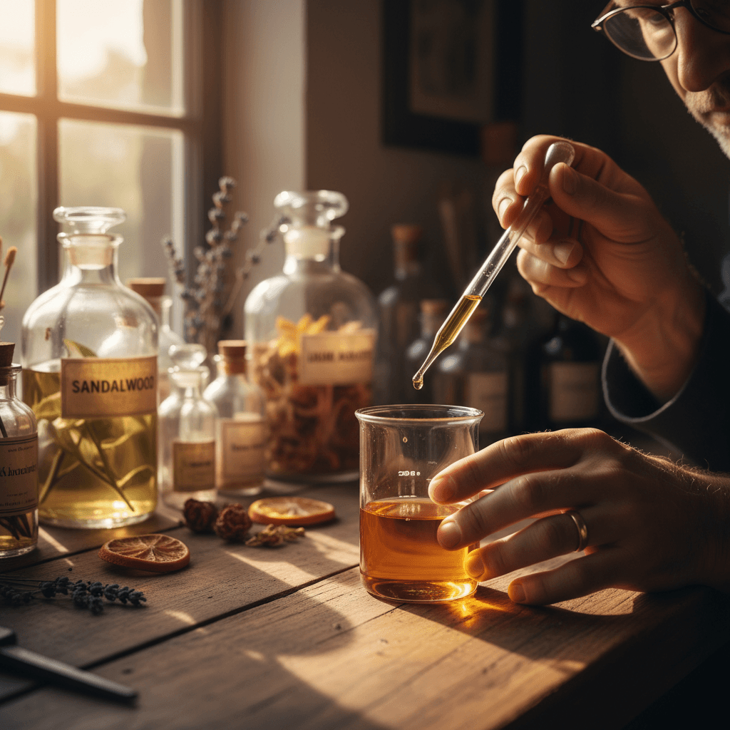 Perfumer blending oils in the laboratory